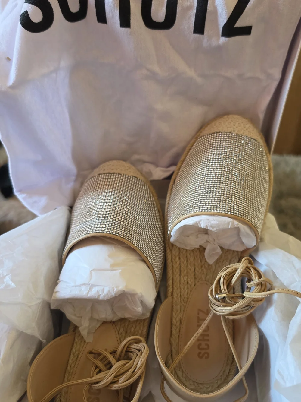 Schutz Beige Crystal Espadrille Lace-Up Flats With Dust Bag